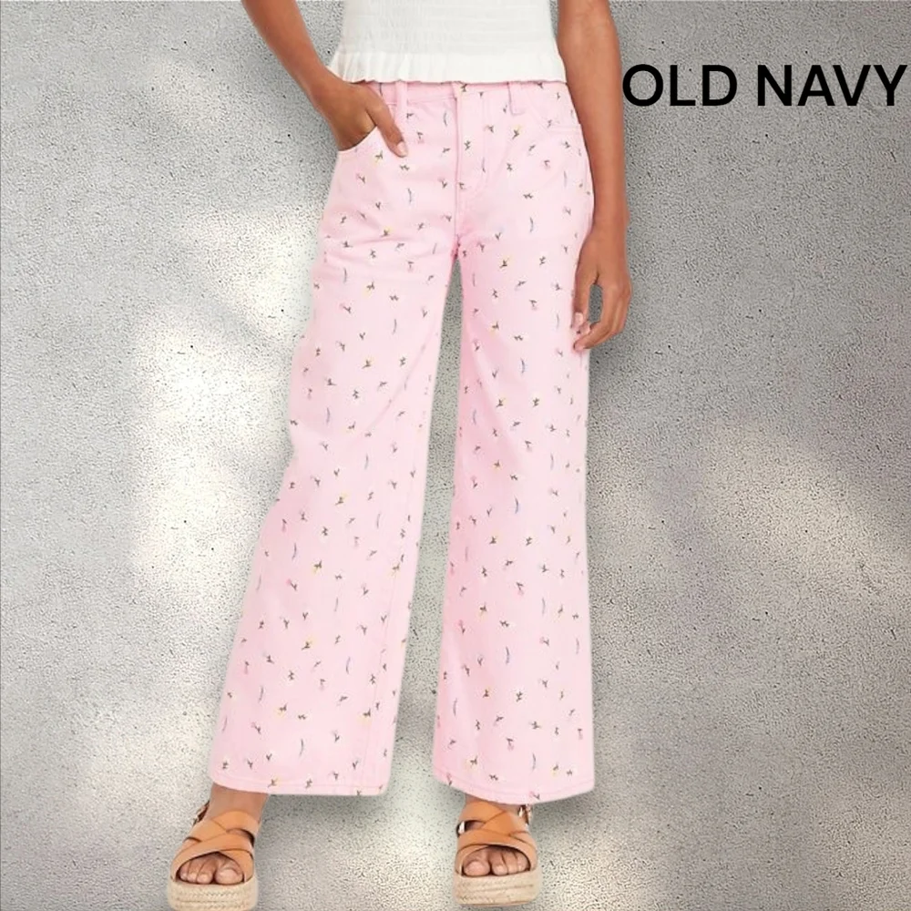 Old Navy‎ Pastel Pink Floral High-Waisted Baggy Wide-Leg Jeans Girls Size 10